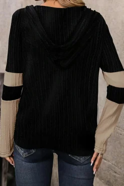 New Dear-Lover Textured Colorblock Long Sleeve Quarter Zip Drawstring Hooded Top Parchment