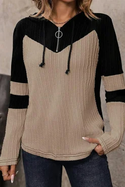 New Dear-Lover Textured Colorblock Long Sleeve Quarter Zip Drawstring Hooded Top Parchment