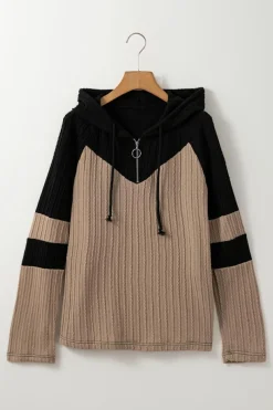 New Dear-Lover Textured Colorblock Long Sleeve Quarter Zip Drawstring Hooded Top Parchment