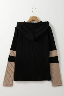New Dear-Lover Textured Colorblock Long Sleeve Quarter Zip Drawstring Hooded Top Parchment