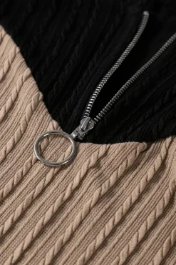 New Dear-Lover Textured Colorblock Long Sleeve Quarter Zip Drawstring Hooded Top Parchment