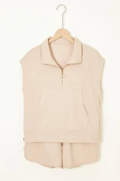 New Dear-Lover Textured Half Zip Kangaroo Pocket Top Drawstring Shorts Set Parchment