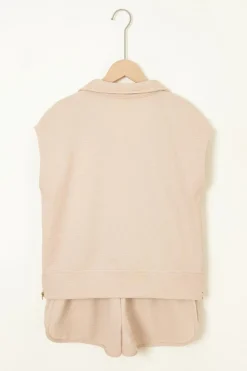 New Dear-Lover Textured Half Zip Kangaroo Pocket Top Drawstring Shorts Set Parchment
