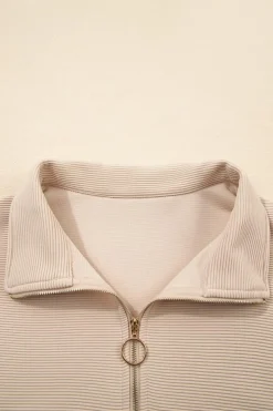New Dear-Lover Textured Half Zip Kangaroo Pocket Top Drawstring Shorts Set Parchment