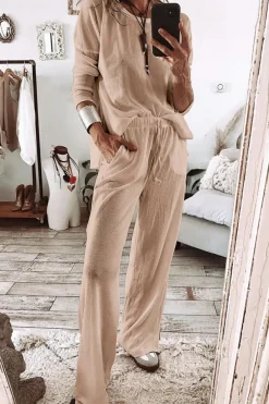 Clearance Dear-Lover Textured Long Sleeve T Shirt and Pants Lounge Set Parchment