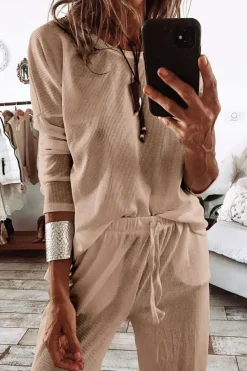 Clearance Dear-Lover Textured Long Sleeve T Shirt and Pants Lounge Set Parchment