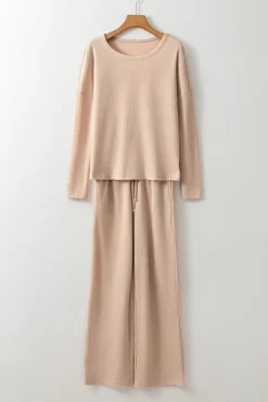 Clearance Dear-Lover Textured Long Sleeve T Shirt and Pants Lounge Set Parchment
