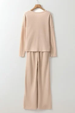 Clearance Dear-Lover Textured Long Sleeve T Shirt and Pants Lounge Set Parchment