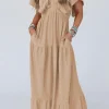 Clearance Dear-Lover Textured V Neck Flutter Sleeve Ruffled Maxi Dress Parchment