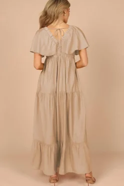 Clearance Dear-Lover Textured V Neck Flutter Sleeve Ruffled Maxi Dress Parchment