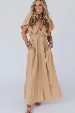 Clearance Dear-Lover Textured V Neck Flutter Sleeve Ruffled Maxi Dress Parchment