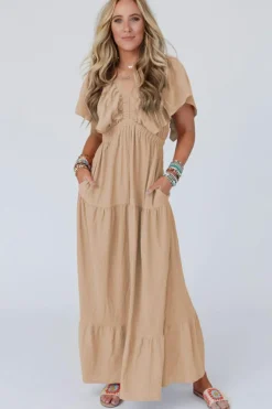 Clearance Dear-Lover Textured V Neck Flutter Sleeve Ruffled Maxi Dress Parchment