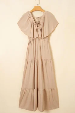 Clearance Dear-Lover Textured V Neck Flutter Sleeve Ruffled Maxi Dress Parchment