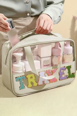 Fashion Dear-Lover TRAVEL Chenille Letter Clear PVC Makeup Bag Parchment