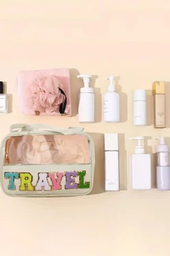 Fashion Dear-Lover TRAVEL Chenille Letter Clear PVC Makeup Bag Parchment