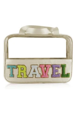 Fashion Dear-Lover TRAVEL Chenille Letter Clear PVC Makeup Bag Parchment