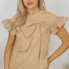 Best Dear-Lover Two Tones Ribbon Bow Ruffle Sleeve Top Parchment