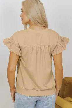 Best Dear-Lover Two Tones Ribbon Bow Ruffle Sleeve Top Parchment