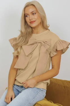 Best Dear-Lover Two Tones Ribbon Bow Ruffle Sleeve Top Parchment