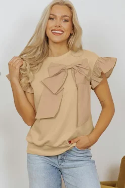 Best Dear-Lover Two Tones Ribbon Bow Ruffle Sleeve Top Parchment