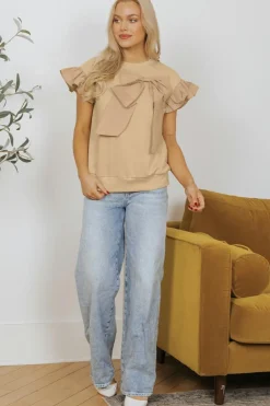 Best Dear-Lover Two Tones Ribbon Bow Ruffle Sleeve Top Parchment