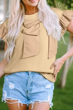 Best Dear-Lover Two Tones Ribbon Bow Ruffle Sleeve Top Parchment