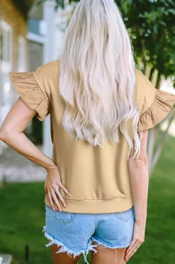 Best Dear-Lover Two Tones Ribbon Bow Ruffle Sleeve Top Parchment