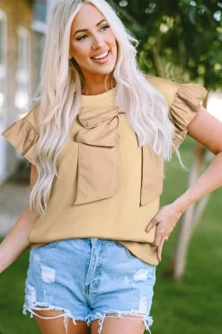 Best Dear-Lover Two Tones Ribbon Bow Ruffle Sleeve Top Parchment