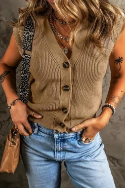 Hot Dear-Lover V Neck Buttoned Front Sweater Vest Parchment