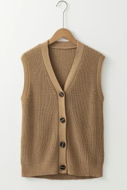 Hot Dear-Lover V Neck Buttoned Front Sweater Vest Parchment
