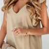 Fashion Dear-Lover V Neck Ruffle Sleeve Lace Embellished Hollow Back Blouse Parchment