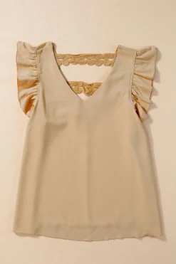 Fashion Dear-Lover V Neck Ruffle Sleeve Lace Embellished Hollow Back Blouse Parchment