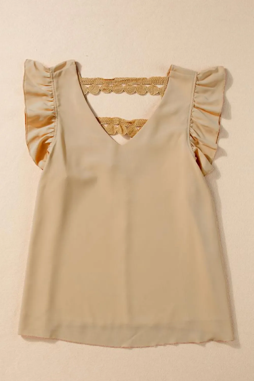 Fashion Dear-Lover V Neck Ruffle Sleeve Lace Embellished Hollow Back Blouse Parchment