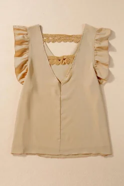 Fashion Dear-Lover V Neck Ruffle Sleeve Lace Embellished Hollow Back Blouse Parchment