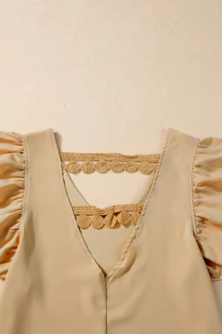 Fashion Dear-Lover V Neck Ruffle Sleeve Lace Embellished Hollow Back Blouse Parchment