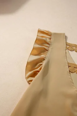 Fashion Dear-Lover V Neck Ruffle Sleeve Lace Embellished Hollow Back Blouse Parchment