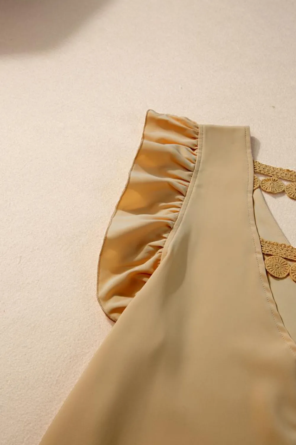 Fashion Dear-Lover V Neck Ruffle Sleeve Lace Embellished Hollow Back Blouse Parchment