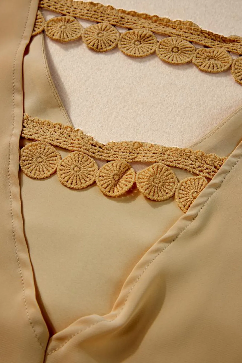 Fashion Dear-Lover V Neck Ruffle Sleeve Lace Embellished Hollow Back Blouse Parchment