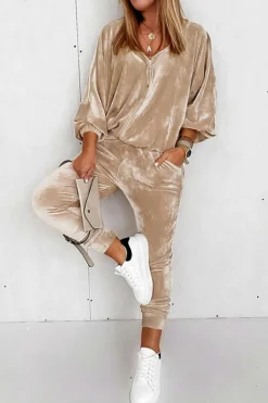 Online Dear-Lover Velvet Zipped Top and Joggers Two Piece Set Parchment