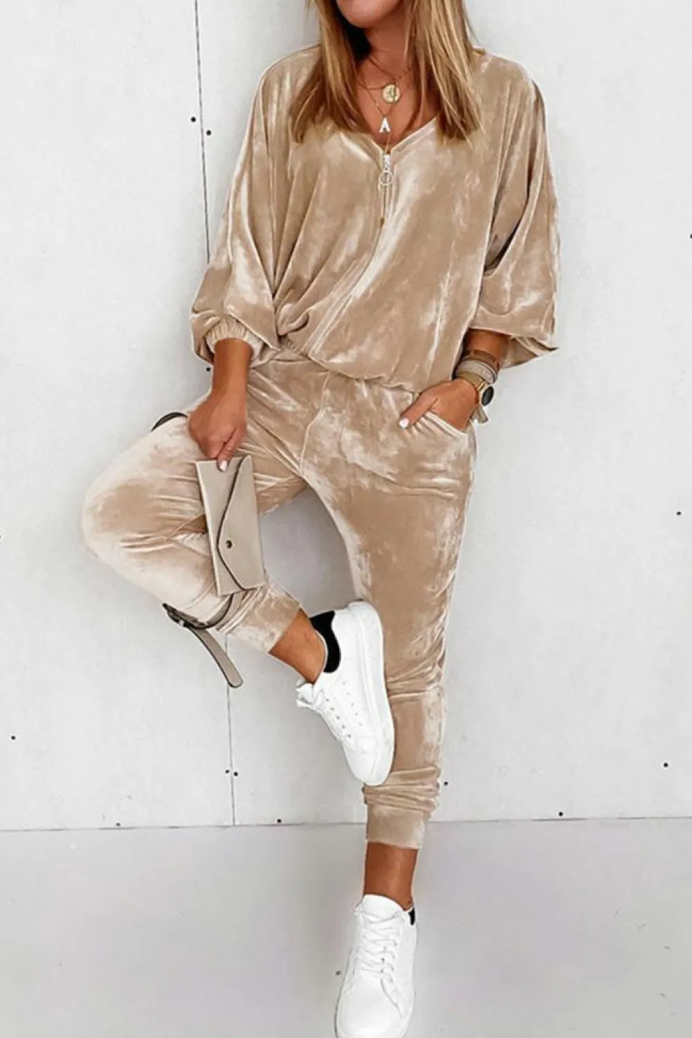 Online Dear-Lover Velvet Zipped Top and Joggers Two Piece Set Parchment