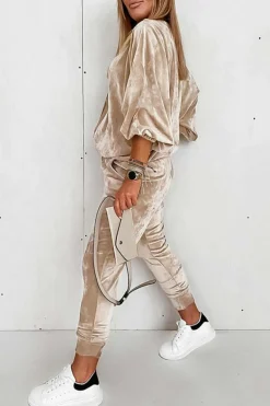 Online Dear-Lover Velvet Zipped Top and Joggers Two Piece Set Parchment