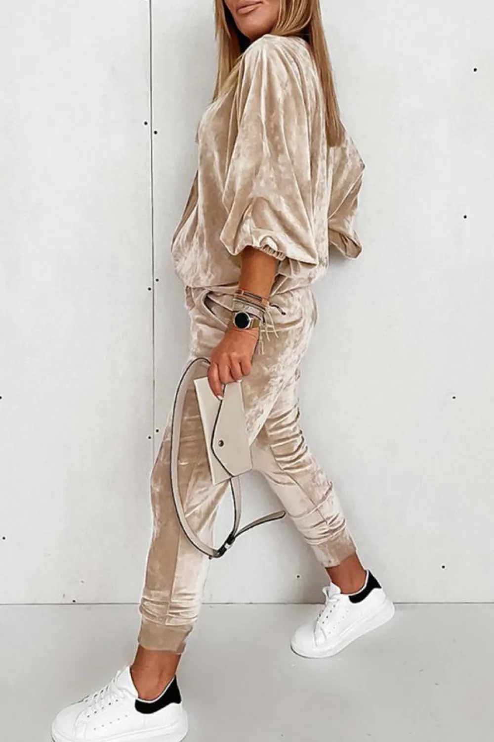 Online Dear-Lover Velvet Zipped Top and Joggers Two Piece Set Parchment