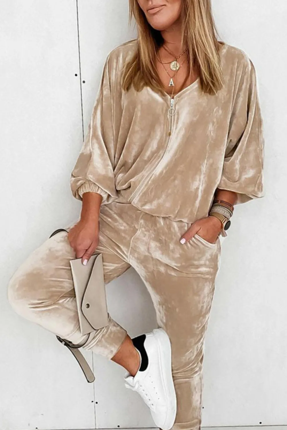 Online Dear-Lover Velvet Zipped Top and Joggers Two Piece Set Parchment