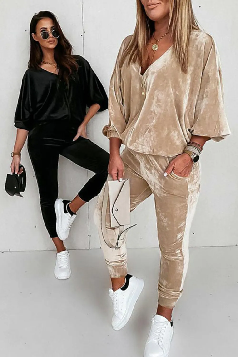 Online Dear-Lover Velvet Zipped Top and Joggers Two Piece Set Parchment