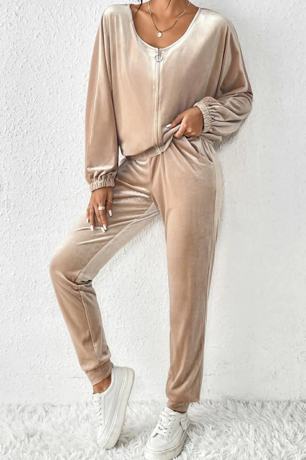 Online Dear-Lover Velvet Zipped Top and Joggers Two Piece Set Parchment