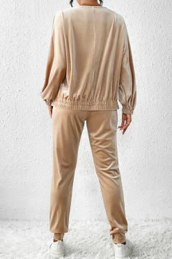 Online Dear-Lover Velvet Zipped Top and Joggers Two Piece Set Parchment