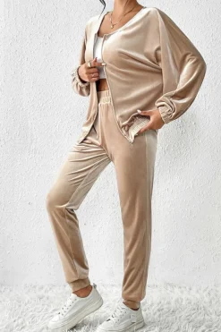 Online Dear-Lover Velvet Zipped Top and Joggers Two Piece Set Parchment