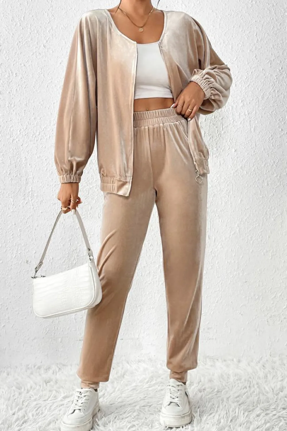 Online Dear-Lover Velvet Zipped Top and Joggers Two Piece Set Parchment