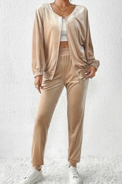 Online Dear-Lover Velvet Zipped Top and Joggers Two Piece Set Parchment