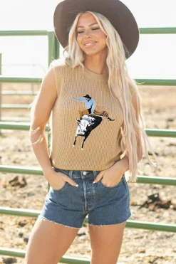 Best Dear-Lover Western Cowboy Embroidery Round Neck Sleeveless Sweater Parchment